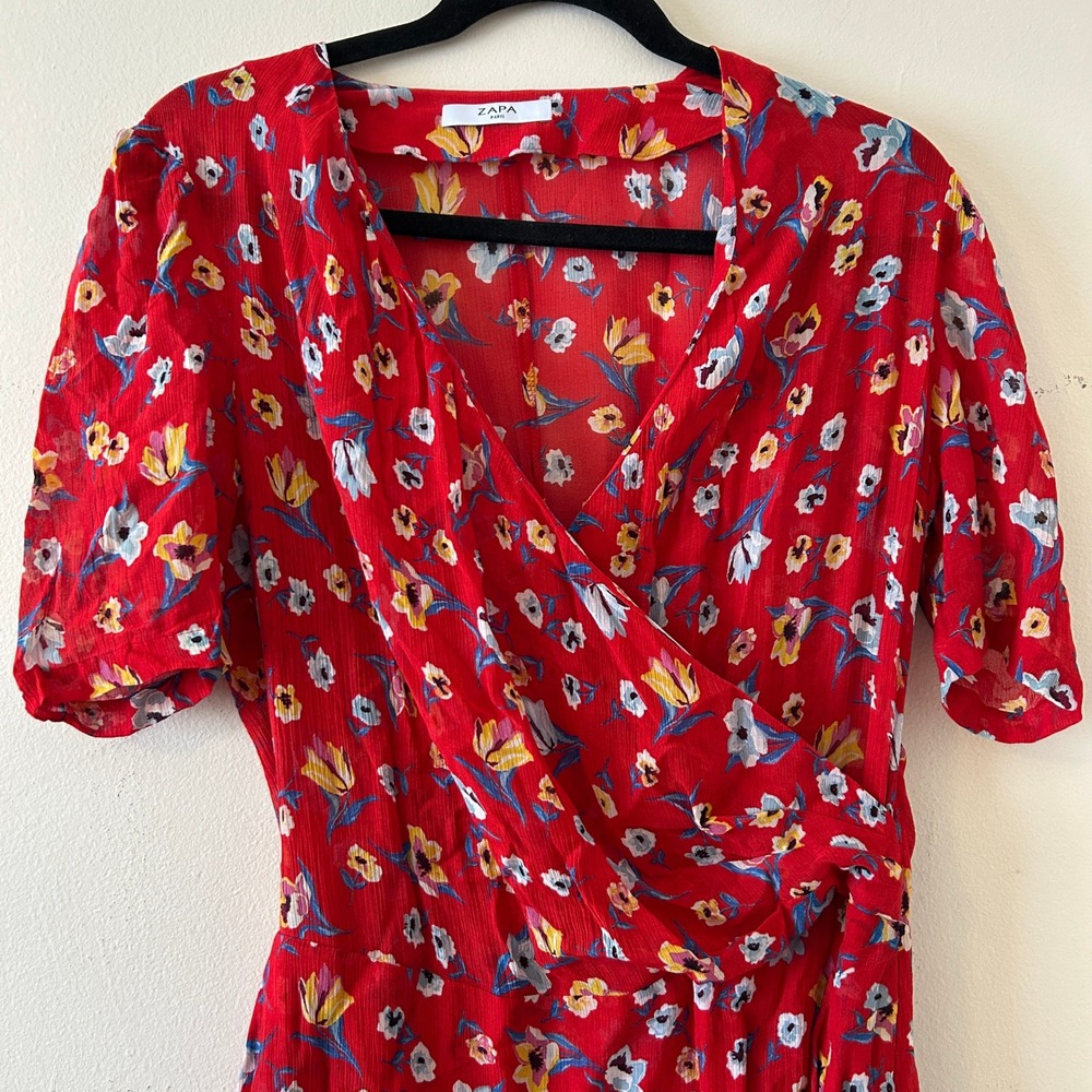 Zapa Paris Red Floral Silk Blend Wrap Mini Dress Size 38 - Picture 13 of 14